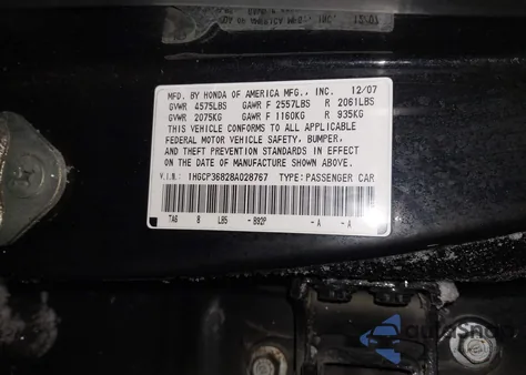 2008 Honda Accord 3.5 Ex-L from USA, damaged, VIN 1HGCP36828A028767